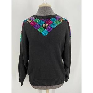 Vtg Bonnie Evans black sweater with multicolor sequin  80s 90s sz large